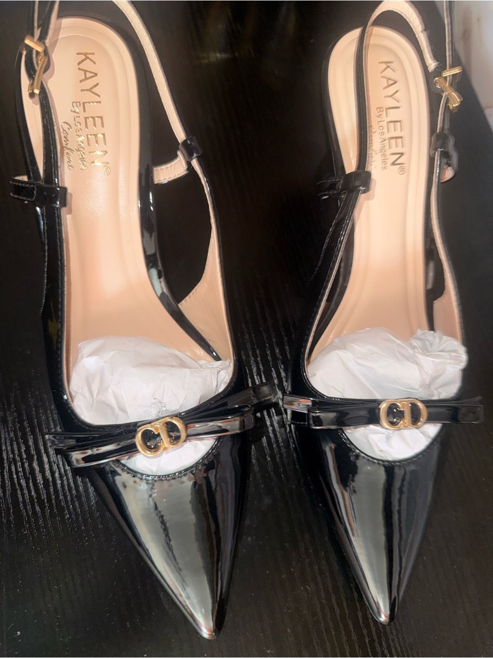 Kayleen Black Patent Pointed Slingback Heels with Gold Accent